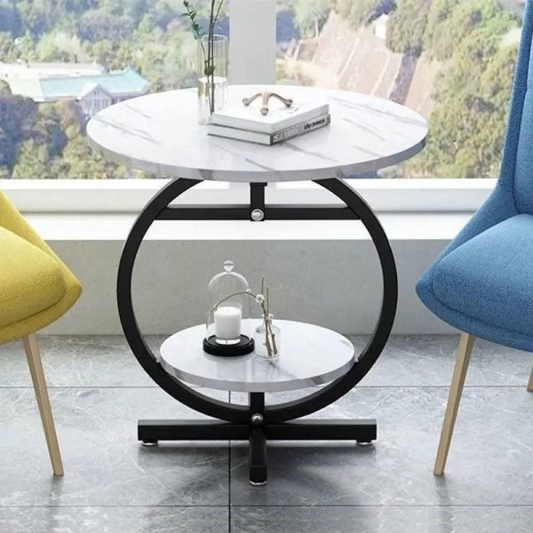 1002913345-600x600 MODERN ROUND MARBLE LOOK SIDE TABLE WITH METAL FRAME - Image 1