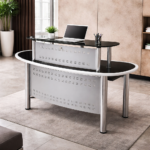 MODERN EXECUTIVE RECEPTION DESK WITH GLASS TOP AND METAL FRAME