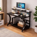 MODERN MOBILE OFFICE DESK WITH ELEVATED MONITOR SHELF AND BUILT-IN STORAGE RACKS - Image 5