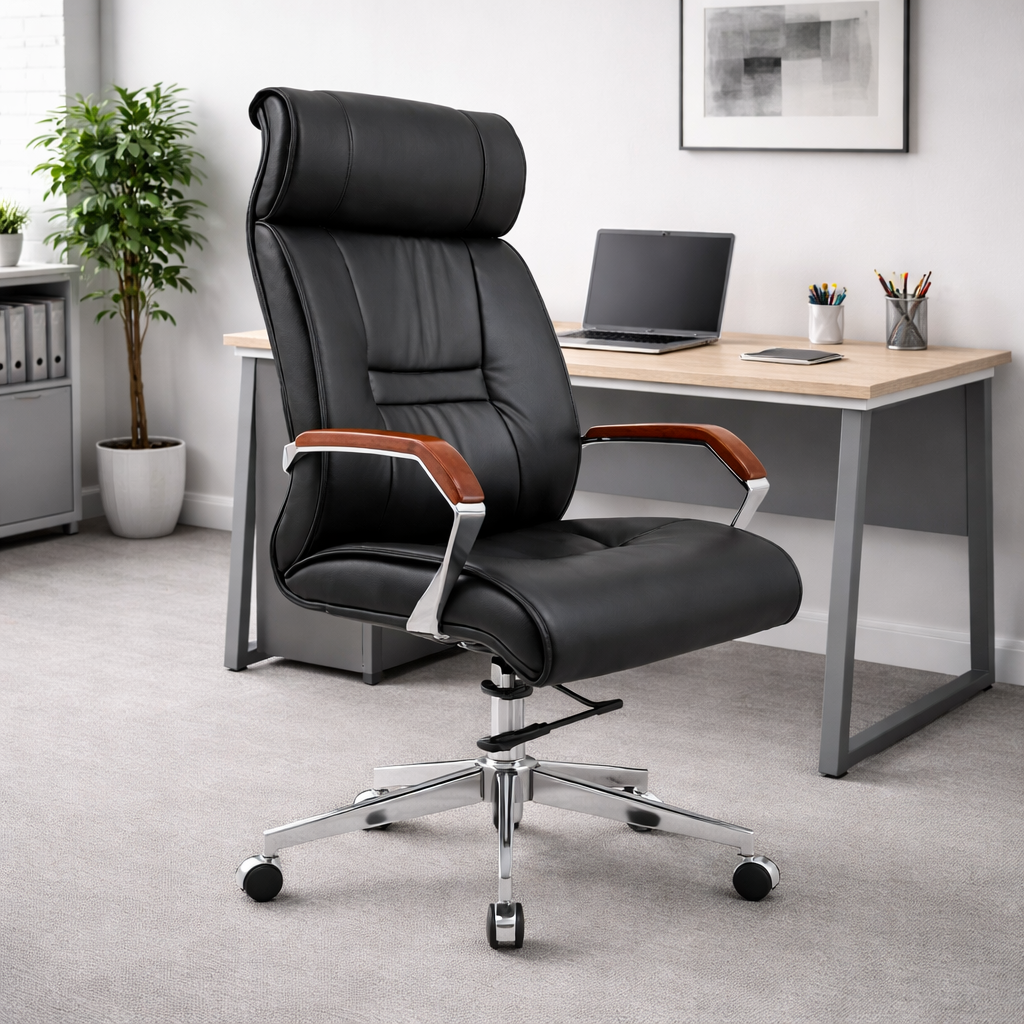 ChatGPT Image Feb 17, 2026, 02_19_25 PM WOOD ACCENT CLASSIC LUXE LEATHER OFFICE CHAIR - Image 1