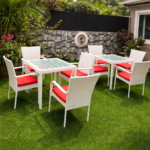 MODERN OUTDOOR WOVEN CHAIR AND TABLE PATIO SET WITH RED CUSHIONS