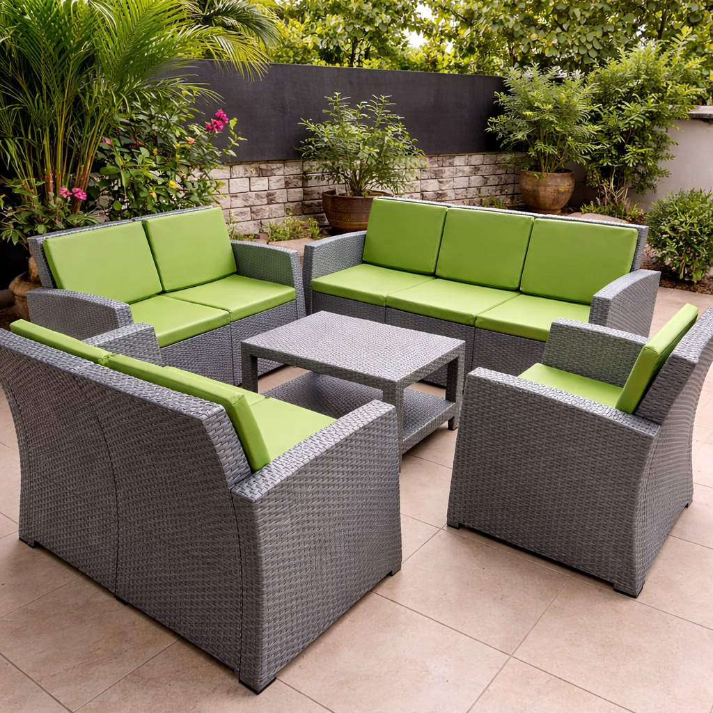 ChatGPT Image Feb 18, 2026, 11_44_00 AM LUXURY GREY RATTAN OUTDOOR LOUNGE CHAIR SET WITH GREEN CUSHIONS - Image 1