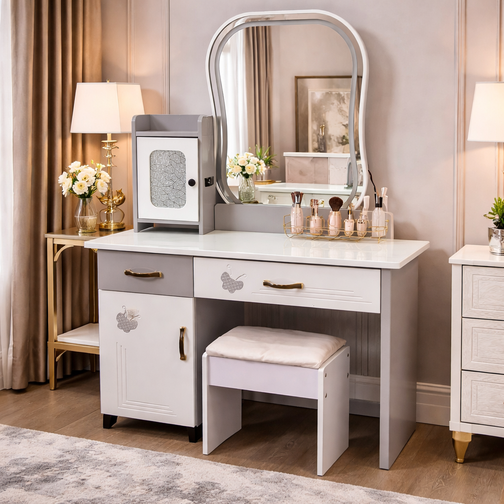 ChatGPT Image Feb 18, 2026, 12_28_28 PM BUTTERFLY ACCENT TWO-TONE VANITY DRESSER SET WITH ARCHED MIRROR - Image 1