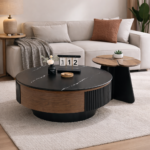 MODERN BLACK ROUND CENTER TABLE WITH WOOD ACCENT AND MARBLE-LOOK TOP