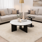 MODERN ROUND MARBLE CENTER TABLE WITH SMOOTH WHITE VEINED TOP AND BLACK GEOMETRIC BASE