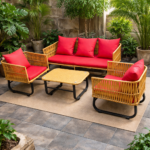 MODERN WOODEN OUTDOOR SOFA SET WITH BEIGE CUSHIONS AND COFFEE TABLE - Image 2