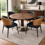 MODERN ROUND WOODEN DINING TABLE WITH BLACK CONE BASE AND FOUR CHAIRS - Image 2