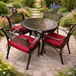 ROYAL HERITAGE CAST ALUMINUM OUTDOOR DINING SET WITH RED CUSHIONED CHAIRS - Image 2