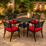 ROYAL HERITAGE CAST ALUMINUM OUTDOOR DINING SET WITH RED CUSHIONED CHAIRS - Image 2