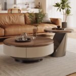 CONTEMPORARY ROUND WOOD AND BEIGE CENTER TABLE WITH STORAGE AND SIDE TABLE SET