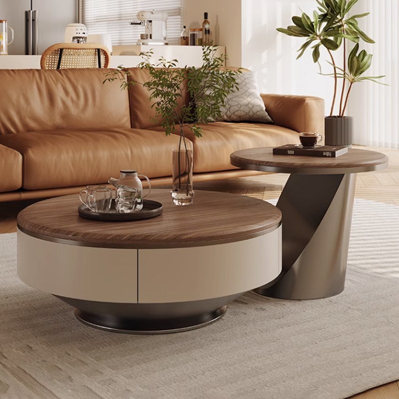 H03241a2593324de297aa43cfc622ca33I CONTEMPORARY ROUND WOOD AND BEIGE CENTER TABLE WITH STORAGE AND SIDE TABLE SET - Image 1