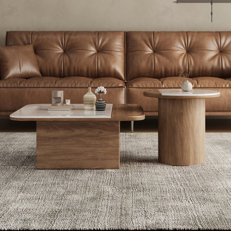 H33ad44f5bbc044ecb1342e7196a18e9aM MODERN TUFTED LEATHER SOFA WOOD & MARBLE CENTER TABLE SET - Image 1