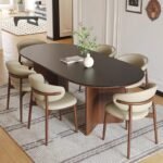 ELEGANT OVAL WALNUT DINING SET WITH CREAM UPHOLSTERED CHAIRS