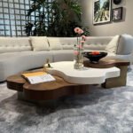 MODERN ORGANIC SHAPED CENTER TABLE WITH WHITE AND WALNUT LAYERED DESIGN