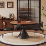 MODERN ROUND WOODEN DINING TABLE WITH BLACK CONE BASE AND FOUR CHAIRS