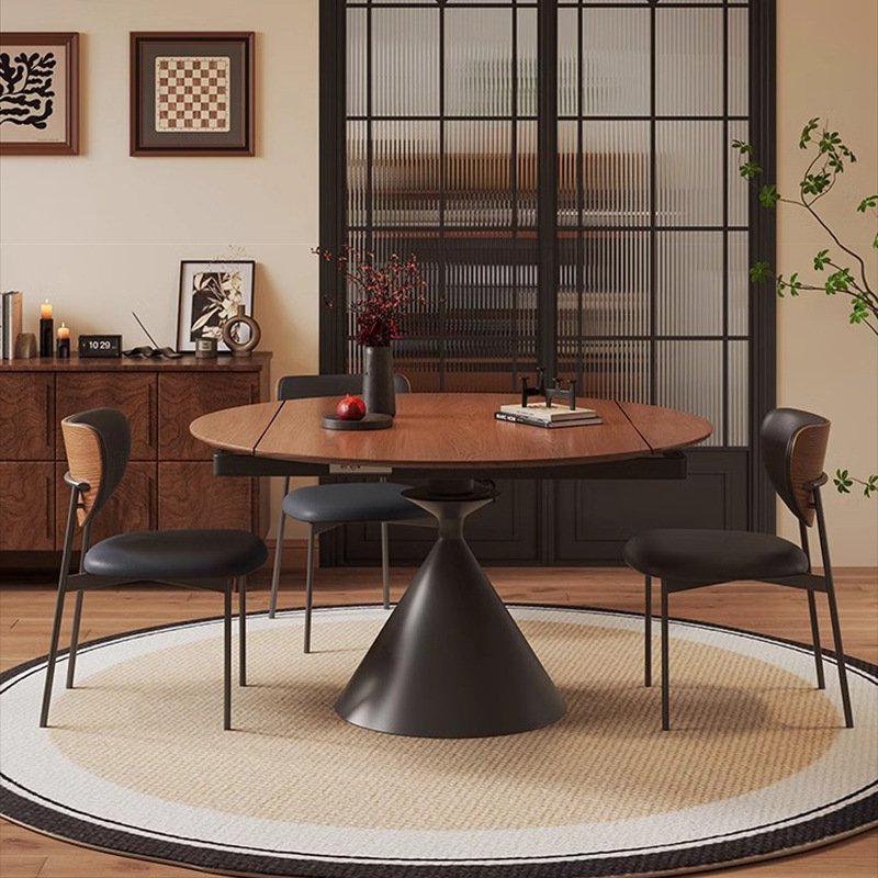H3d5797cd80b142faa857ca0df9aac4e2w MODERN ROUND WOODEN DINING TABLE WITH BLACK CONE BASE AND FOUR CHAIRS - Image 1