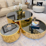 LUXURY GOLD NESTING CENTER TABLE SET WITH BLACK GLASS TOPS
