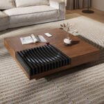 MODERN SQUARE WOODEN CENTER TABLE WITH BUILT-IN BLACK GROOVED GLASS DETAIL