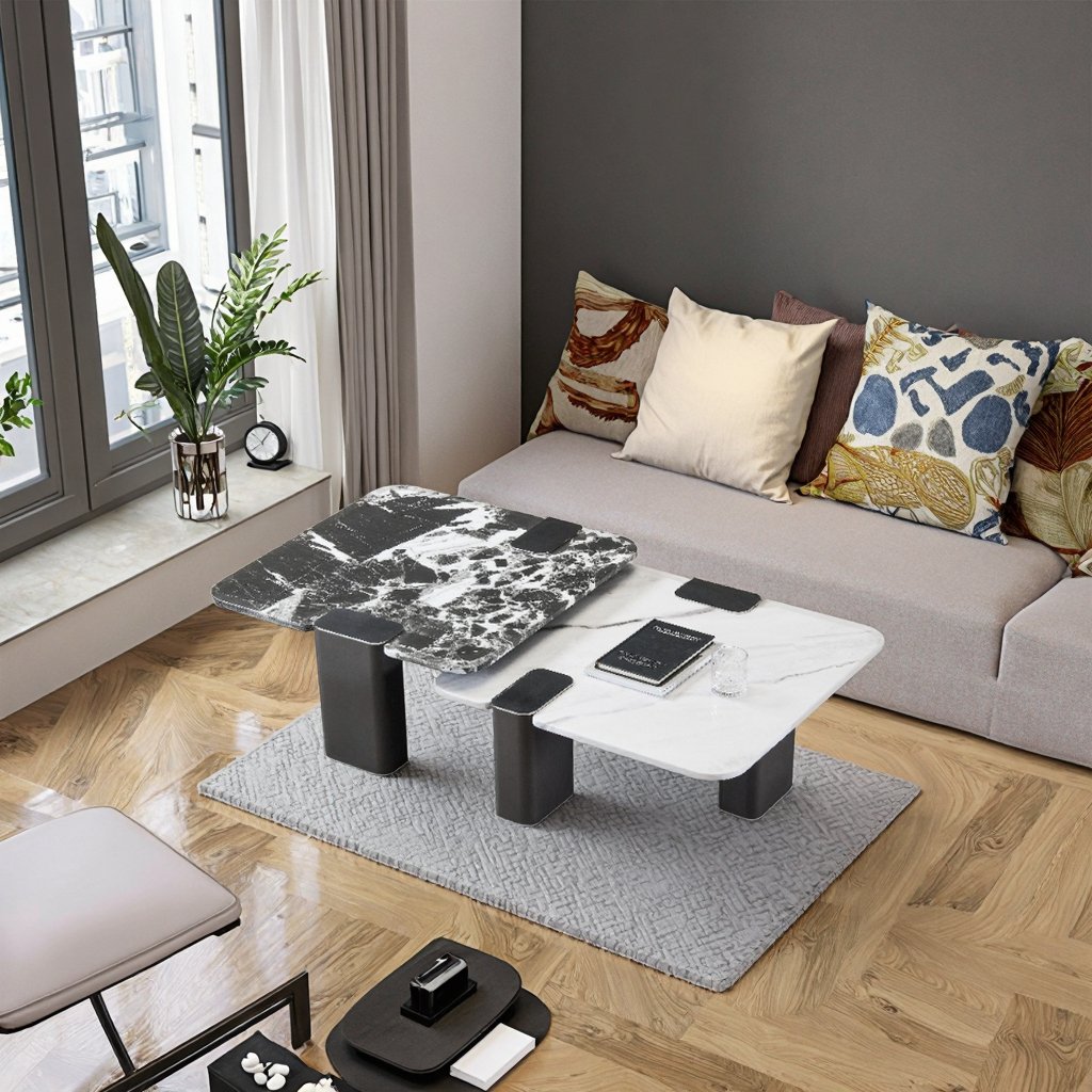 H4f848f32e992407db52ba05fe318992fO MODERN MULTI-LAYERED RECTANGULAR MARBLE CENTER TABLE WITH CONTRASTING TOPS - Image 1