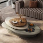ORGANIC MODERN LAYERED CENTER TABLE WITH WOOD ACCENT AND BUILT-IN DISPLAY BOWLS