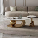 MODERN MARBLE OVAL CENTER TABLE WITH SCULPTURAL METALLIC BASE DESIGN - Image 2
