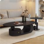 MODERN OVAL CENTER TABLE WITH CURVED BASE AND BUILT-IN STORAGE DRAWER