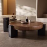 CONTEMPORARY ROUND WOOD AND GLASS CENTER TABLE WITH SCULPTED BLOCK LEGS