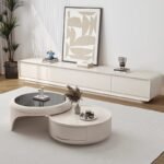 MODERN CREAM ROUND CENTER TABLE WITH GLASS TOP AND HIDDEN STORAGE DESIGN