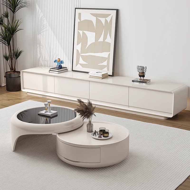 H85a70df1a7c34a908bbb5d332cb2b484K MODERN CREAM ROUND CENTER TABLE WITH GLASS TOP AND HIDDEN STORAGE DESIGN - Image 1