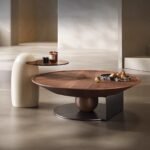 LUXURY ROUND WALNUT AND METAL CENTER TABLE SET
