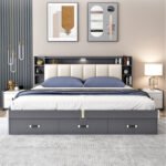 MODERN UPHOLSTERED STORAGE BED FRAME WITH BUILT-IN HEADBOARD SHELVES
