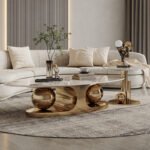 LUXURY MARBLE AND GOLD CENTER TABLE WITH SCULPTURAL SPHERICAL BASE DESIGN