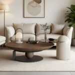 CONTEMPORARY ROUND WOOD AND GLASS CENTER TABLE WITH SCULPTURAL BASE DESIGN