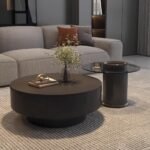 MINIMALIST ROUND BLACK CENTER TABLE WITH HIDDEN STORAGE AND GLASS SIDE TABLE