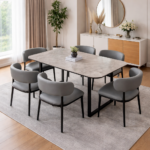 MODERN MARBLE RECTANGULAR DINING SET WITH GREY UPHOLSTERED CHAIRS AND BLACK METAL LEGS