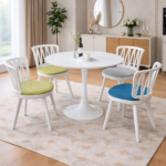 MODERN WHITE ROUND DINING SET WITH MULTICOLORED CUSHIONED CHAIRS