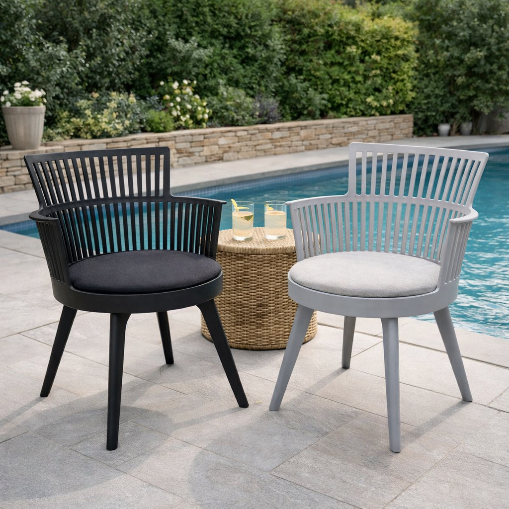 IMG_3721 MODERN OUTDOOR LOUNGE CHAIRS WITH SLEEK SLATTED BACK DESIGN AND CUSHIONED SEATS - Image 1