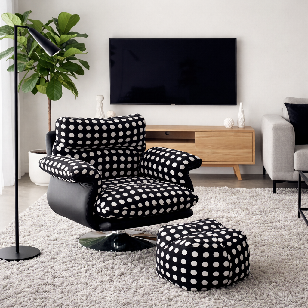 IMG_8630 POLKA DOT COMFORT SWIVEL LOUNGE ACCENT CHAIR WITH OTTOMAN - Image 1