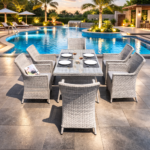 MODERN WICKER OUTDOOR DINING CHAIR SET WITH GLASS-TOP TABLE
