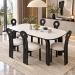 MODERN BLACK MARBLE AND SOLID WOOD DINING SET - Image 2