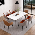 MODERN MARBLE DINING TABLE SET WITH SIX UPHOLSTERED CHAIRS