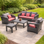 CONTEMPORARY OUTDOOR RATTAN SOFA SET WITH CUSHIONS AND SIDE TABLES