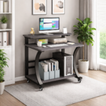 MODERN MOBILE OFFICE DESK WITH ELEVATED MONITOR SHELF AND BUILT-IN STORAGE RACKS - Image 3