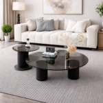 MODERN MINIMALIST CENTER TABLE WITH BLACK GLASS COFFEE