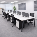 MODERN SIX-SEATER EXECUTIVE WORKSTATION OFFICE DESK WITH PRIVACY PANELS AND MOBILE STORAGE UNITS