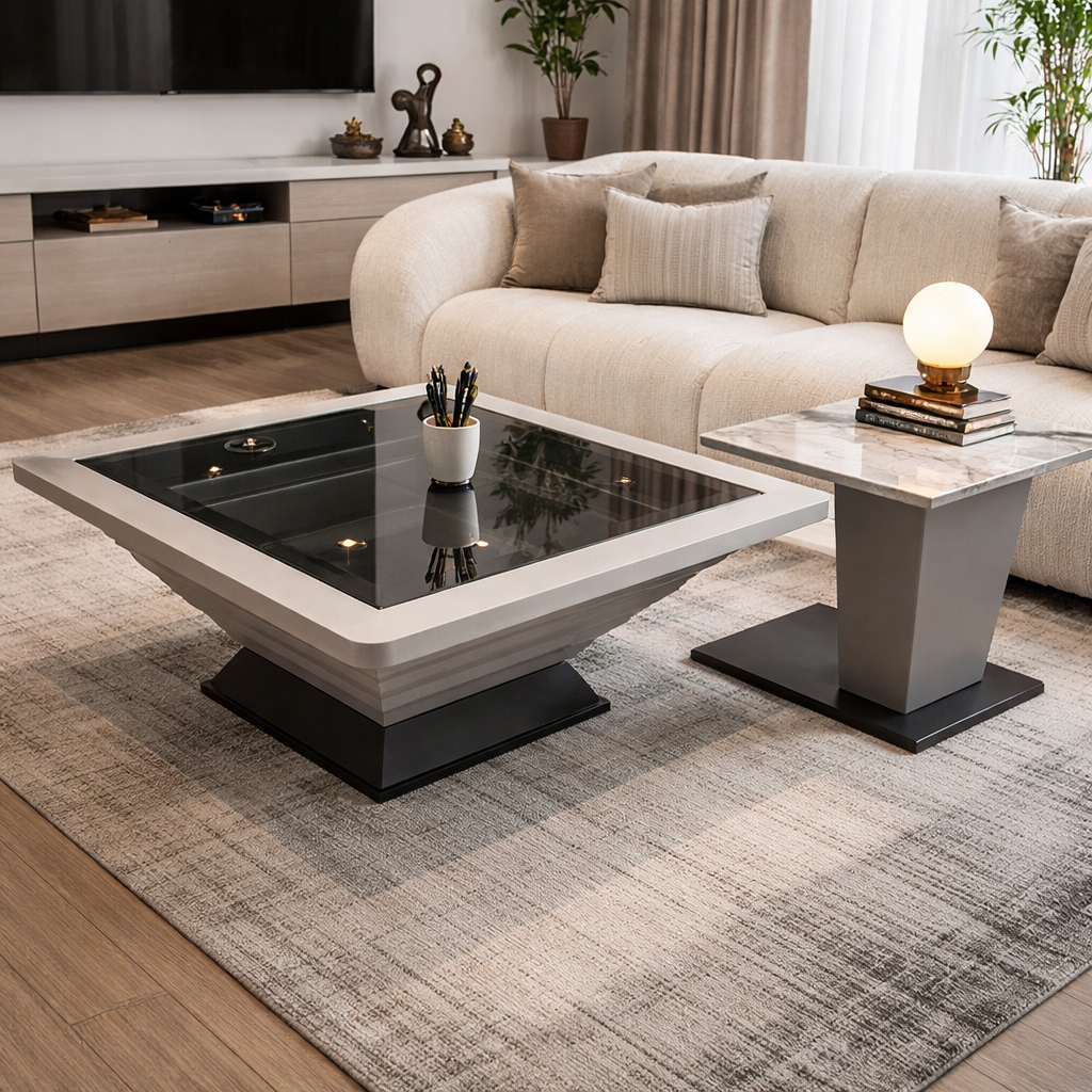 file_0000000078ec71f7a0aaf58b20eae3d8 LUXURY MODERN GLASS TOP CENTER TABLE SET - Image 1