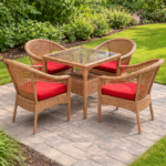 CLASSIC WICKER PATIO CHAIR SET WITH RED CUSHIONS AND MATCHING TABLE