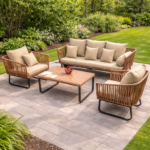 MODERN WOODEN OUTDOOR SOFA SET WITH BEIGE CUSHIONS AND COFFEE TABLE