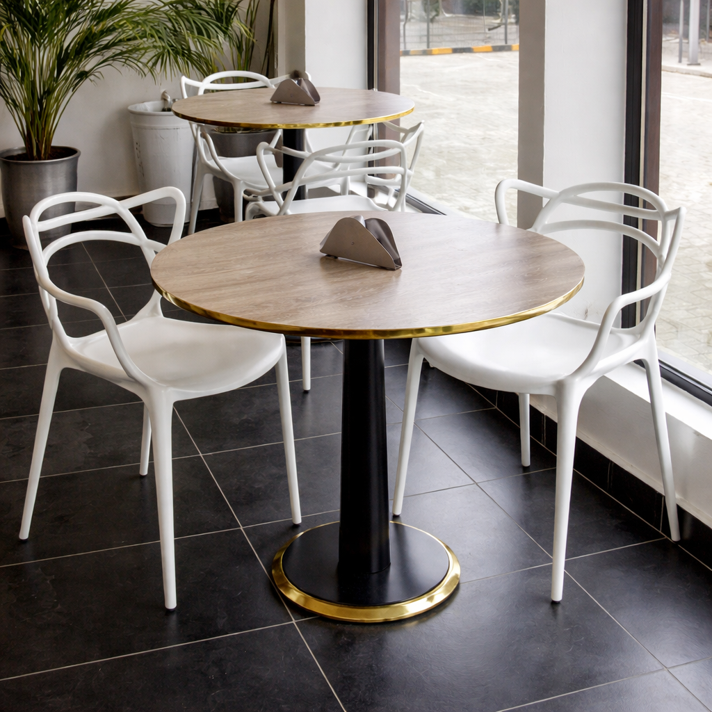 file_00000000fbd8720c94076b02b4674b87 MODERN GOLD-ACCENT ROUND DINING SET - Image 1