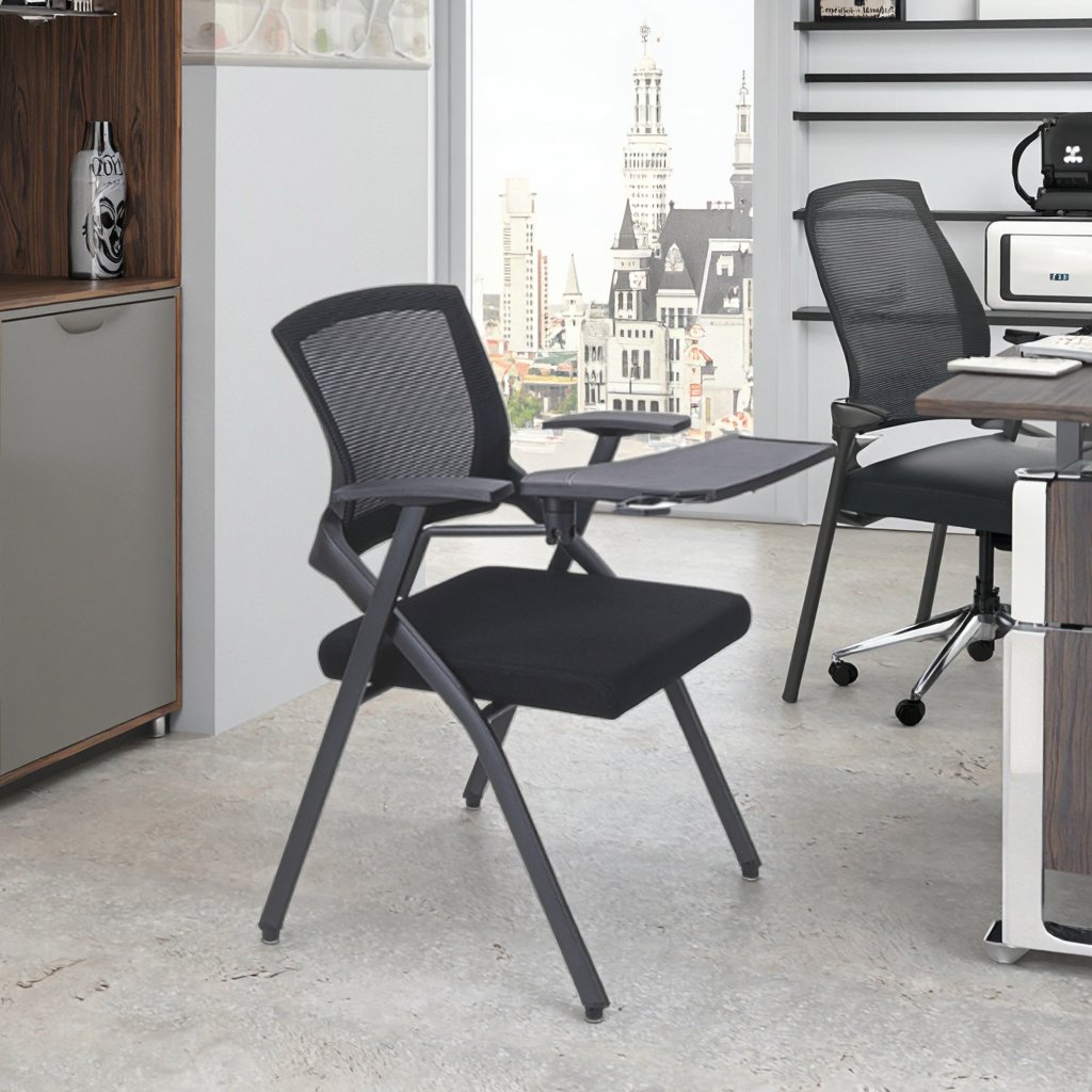 mesh chair with MODERN ERGONOMIC MESH TRAINING CHAIR WITH FOLDING WRITING TABLET - Image 1